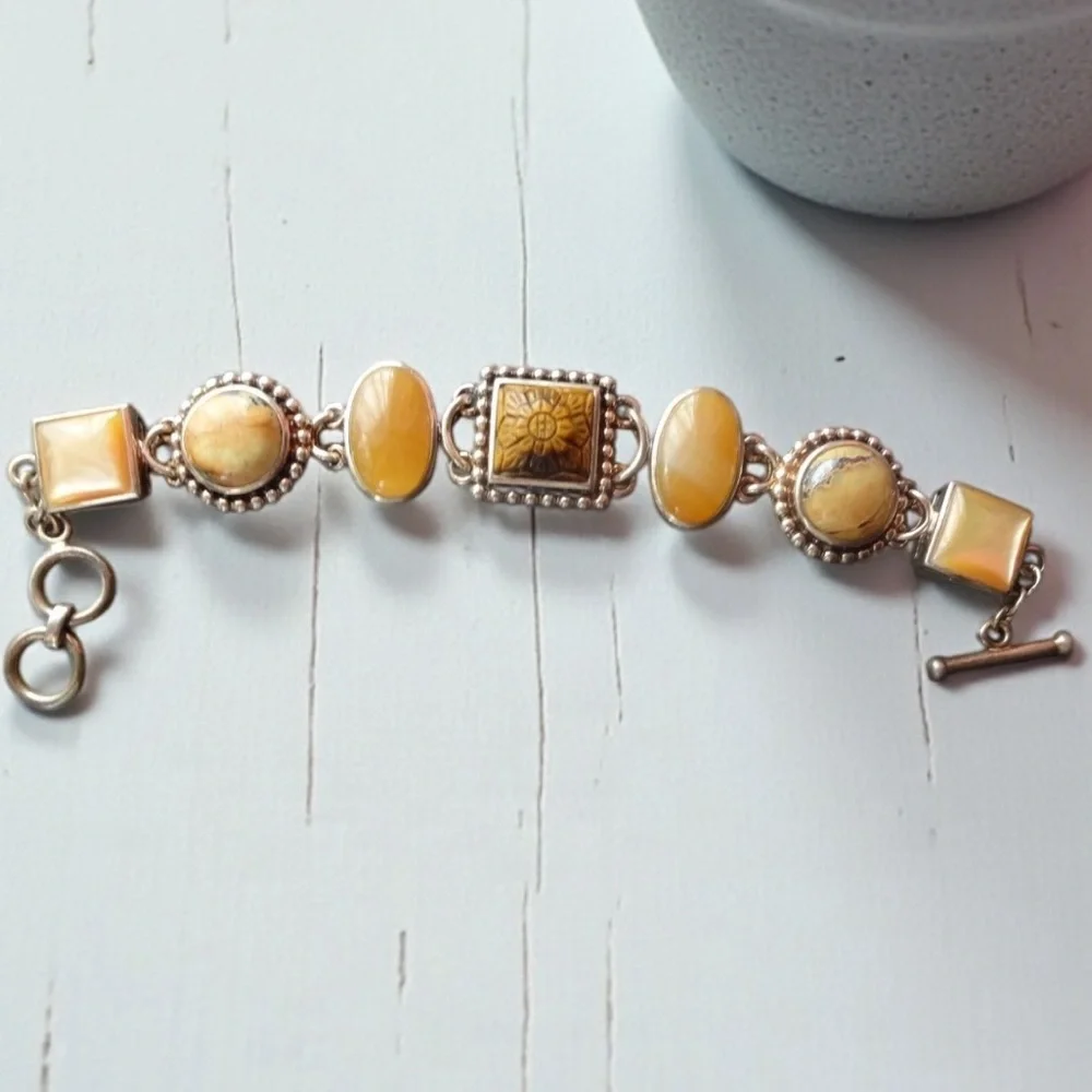 Whitney Kelly Sterling Silver Tiger’s Eye Jasper MOP Link Toggle Bracelet 7” - Picture 5 of 17
